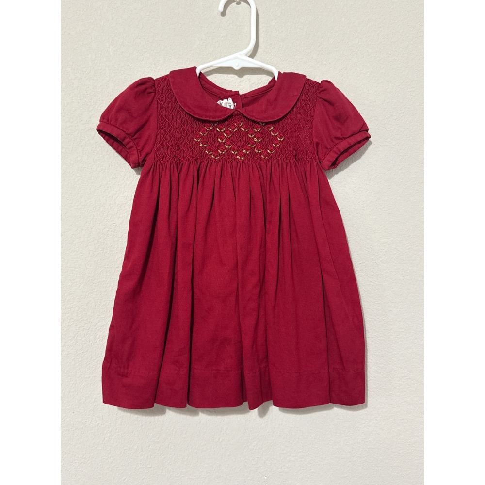 Red Corduroy Smocked Dress Baby Girl 12-18 Months Roses‎ Peter Pan Collar